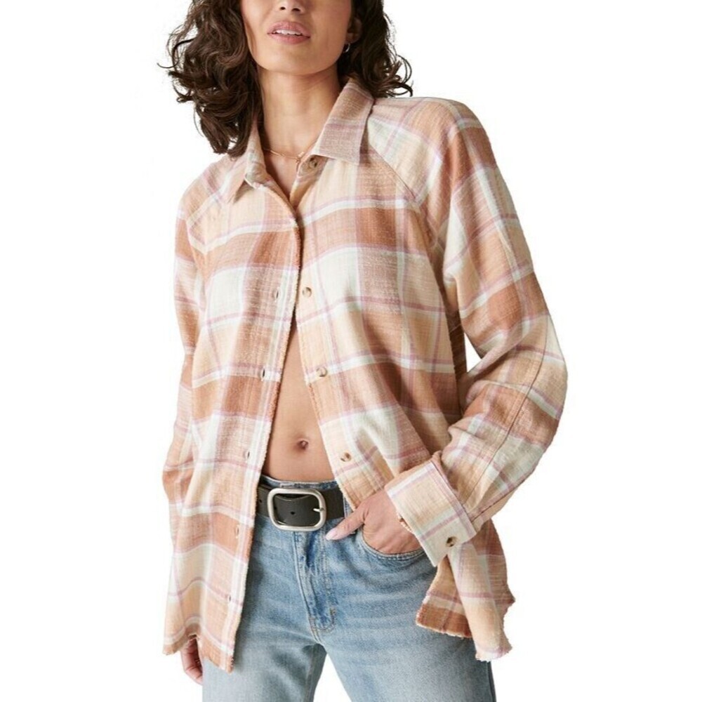Lucky Brand Women's Cotton Oversized Distressed Plaid Shirt Cafe Au Lait XXL